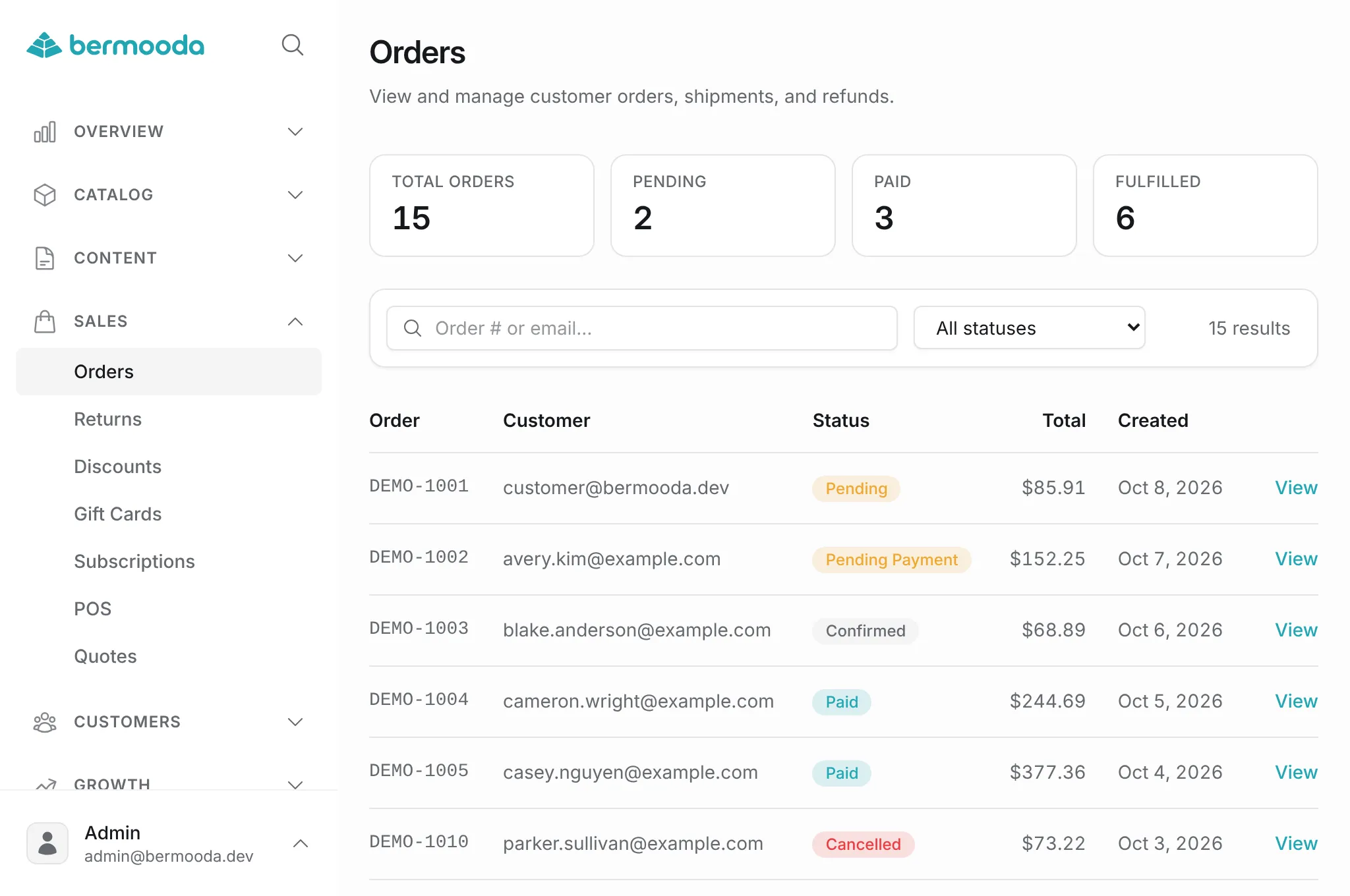 bermooda admin orders list with order totals and payment statuses