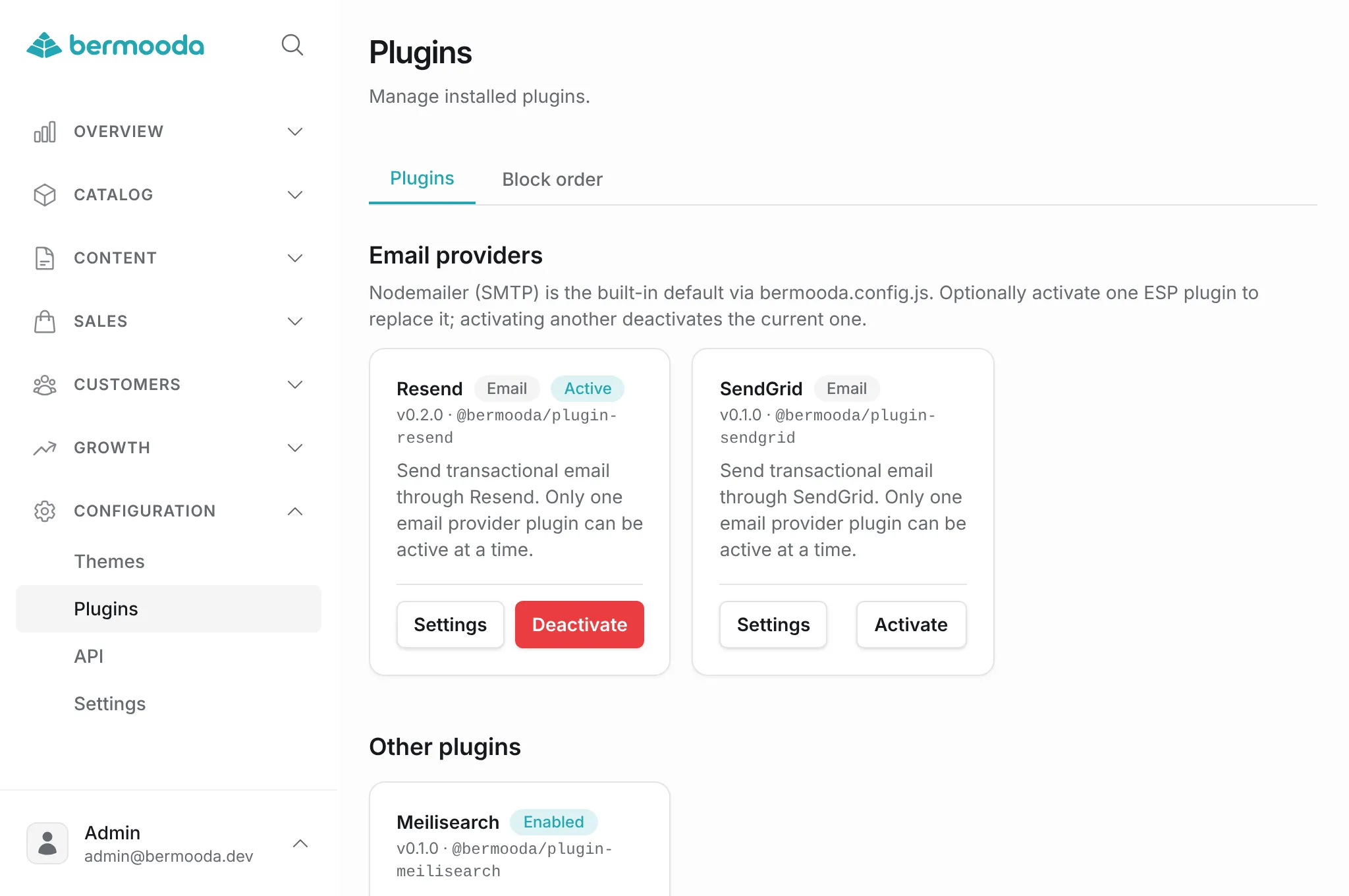 bermooda admin plugins page with Resend, SendGrid, and Meilisearch installed