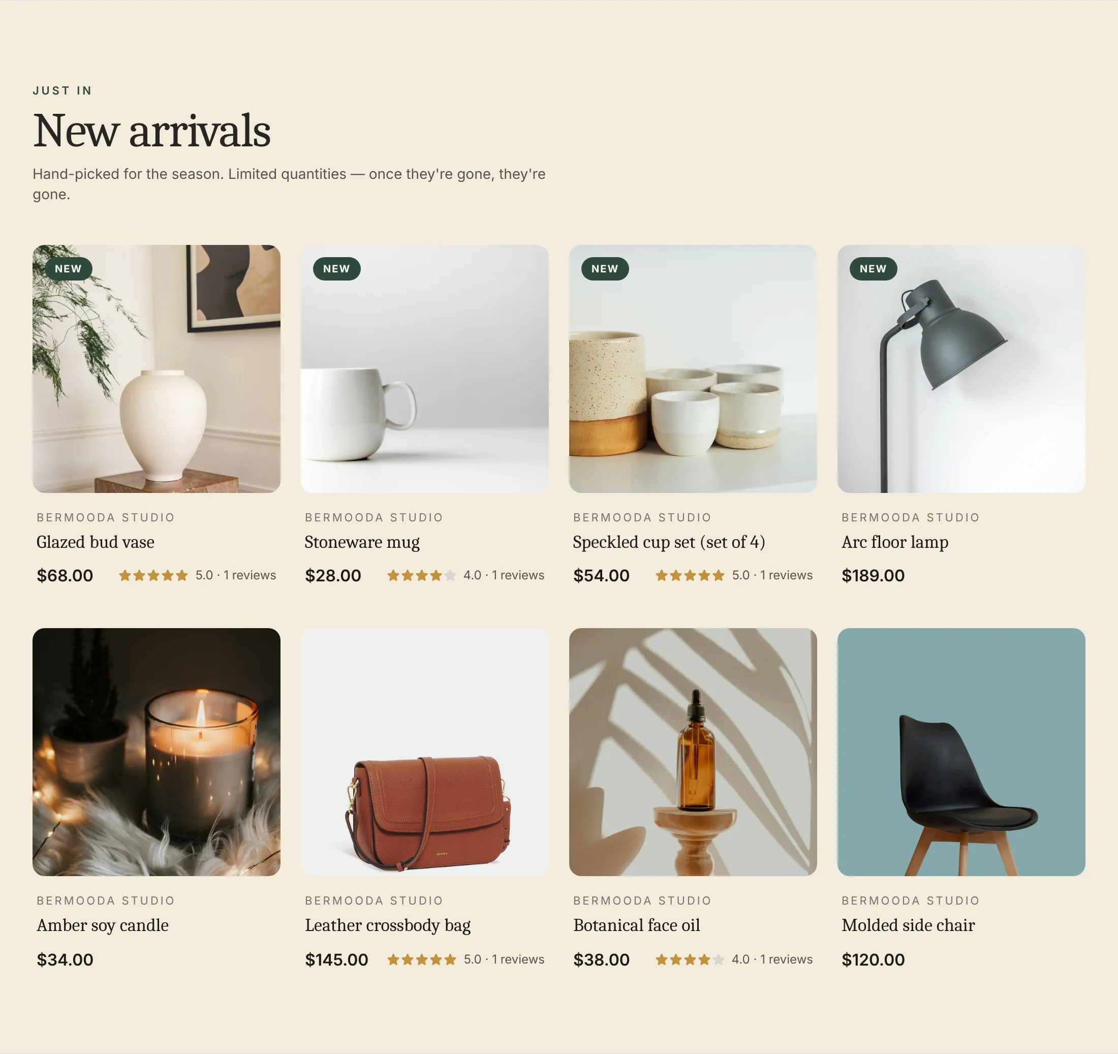 bermooda storefront product grid with demo homeware products