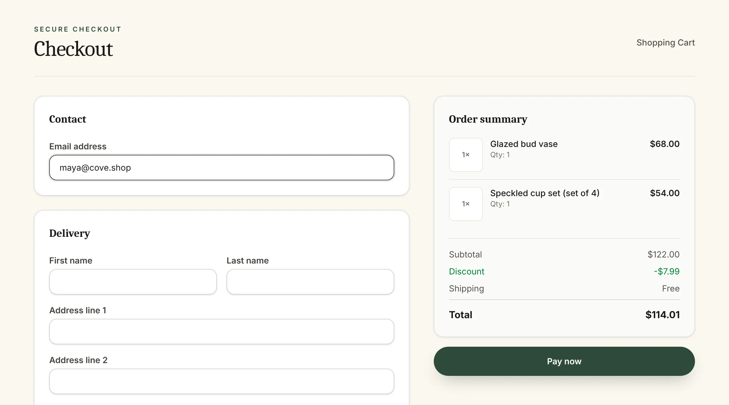 bermooda checkout with contact and delivery forms next to the order summary