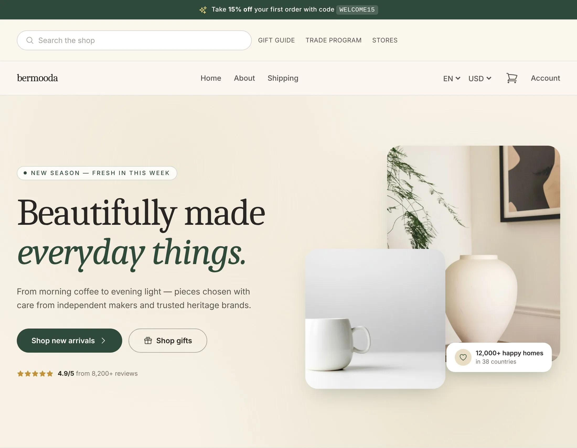 bermooda storefront home page with the default theme and demo products